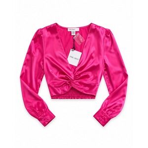 Spring + Mercer Pink Satin Twist Front Crop Top Long Sleeve V-Neck Blouse New S